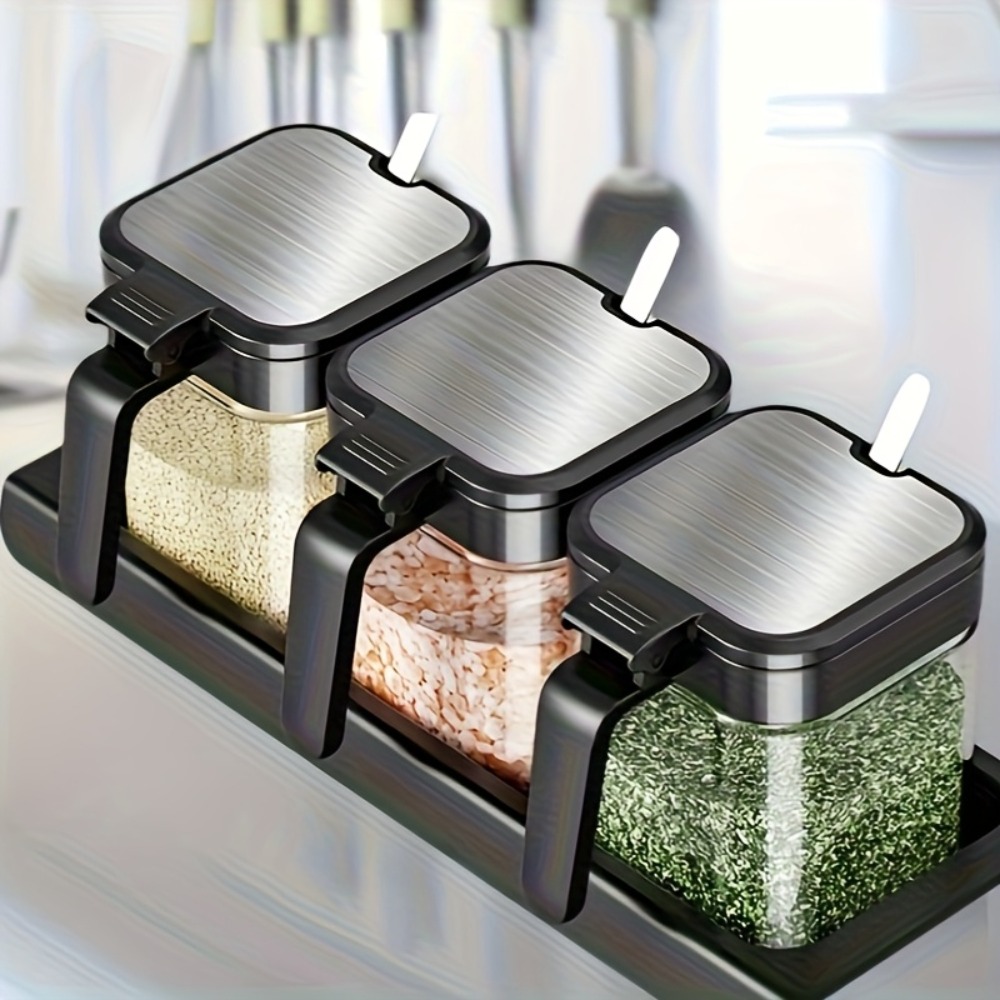 Korean Kitchen Gadgets - 3pcs Stoples Bumbu Kaca dengan Sendok